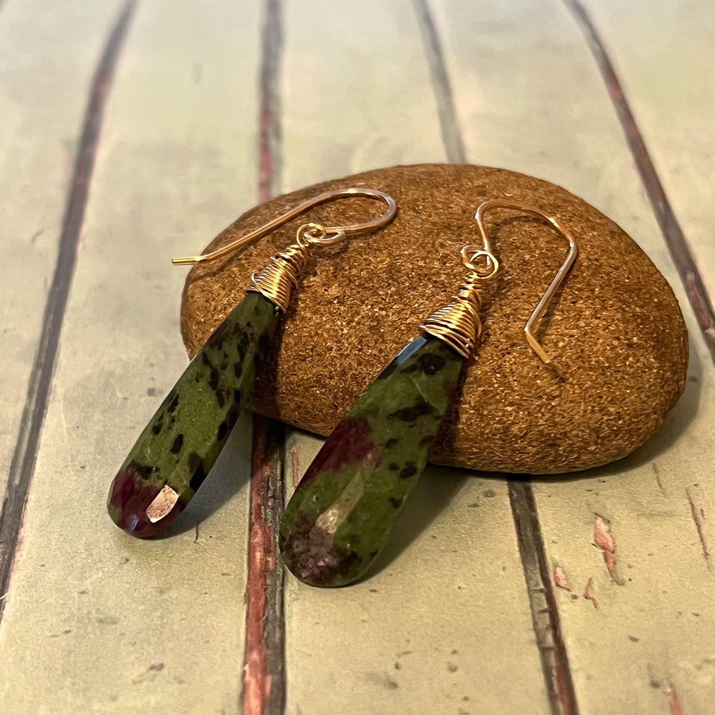 GOLD FILLED RUBY ZOISITE ALMOND EARRINGS - EMPATHY TALISMAN