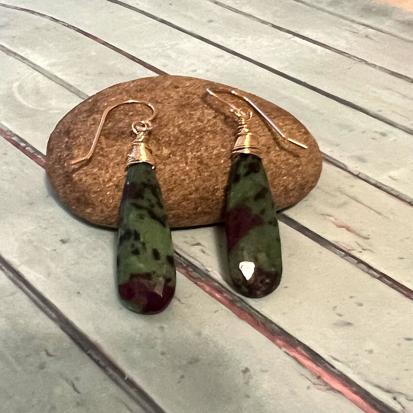 GOLD FILLED RUBY ZOISITE ALMOND EARRINGS - EMPATHY TALISMAN