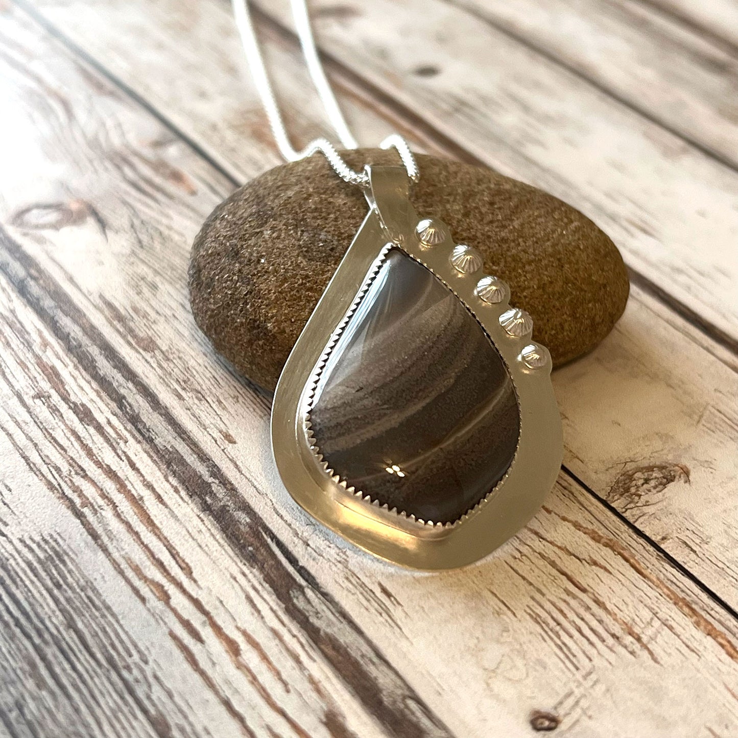 STERLING SILVER BANDED AGATE NECKLACE - PROTECTIVE EMBRACE TALISMAN