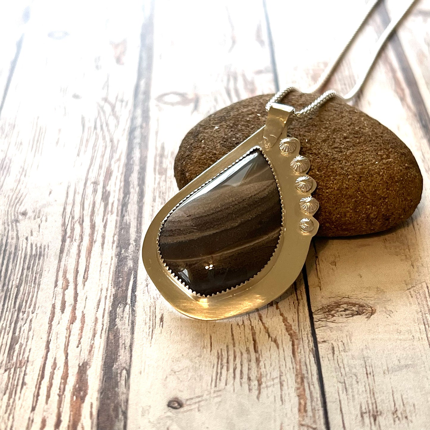 STERLING SILVER BANDED AGATE NECKLACE - PROTECTIVE EMBRACE TALISMAN