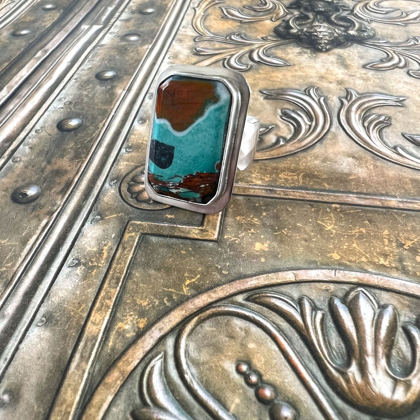 STERLING SILVER BLUE WOOD OPAL RING - TRANSFORMATION TALISMAN