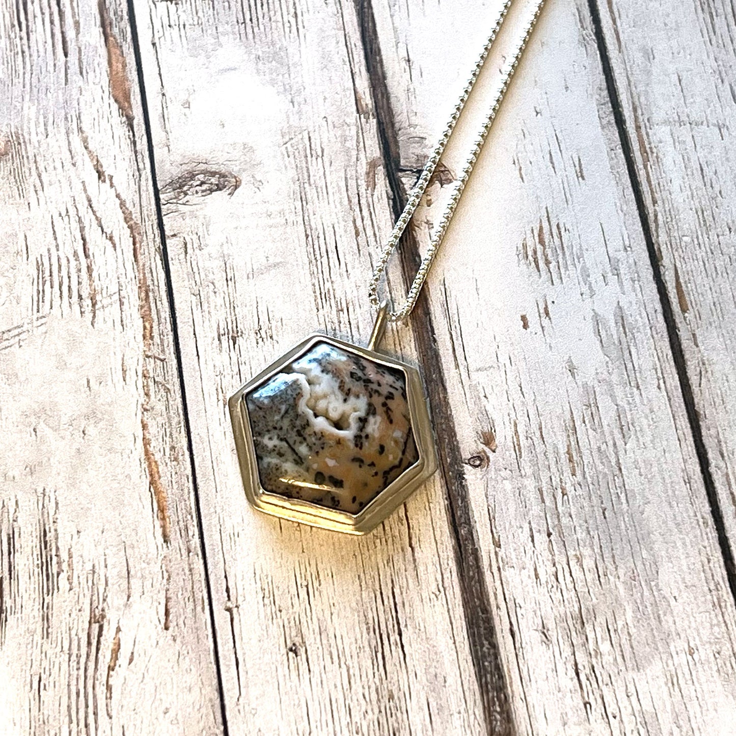 STERLING SILVER CHEETAH AGATE HEX NECKLACE - PROTECTIVE EMBRACE TALISMAN