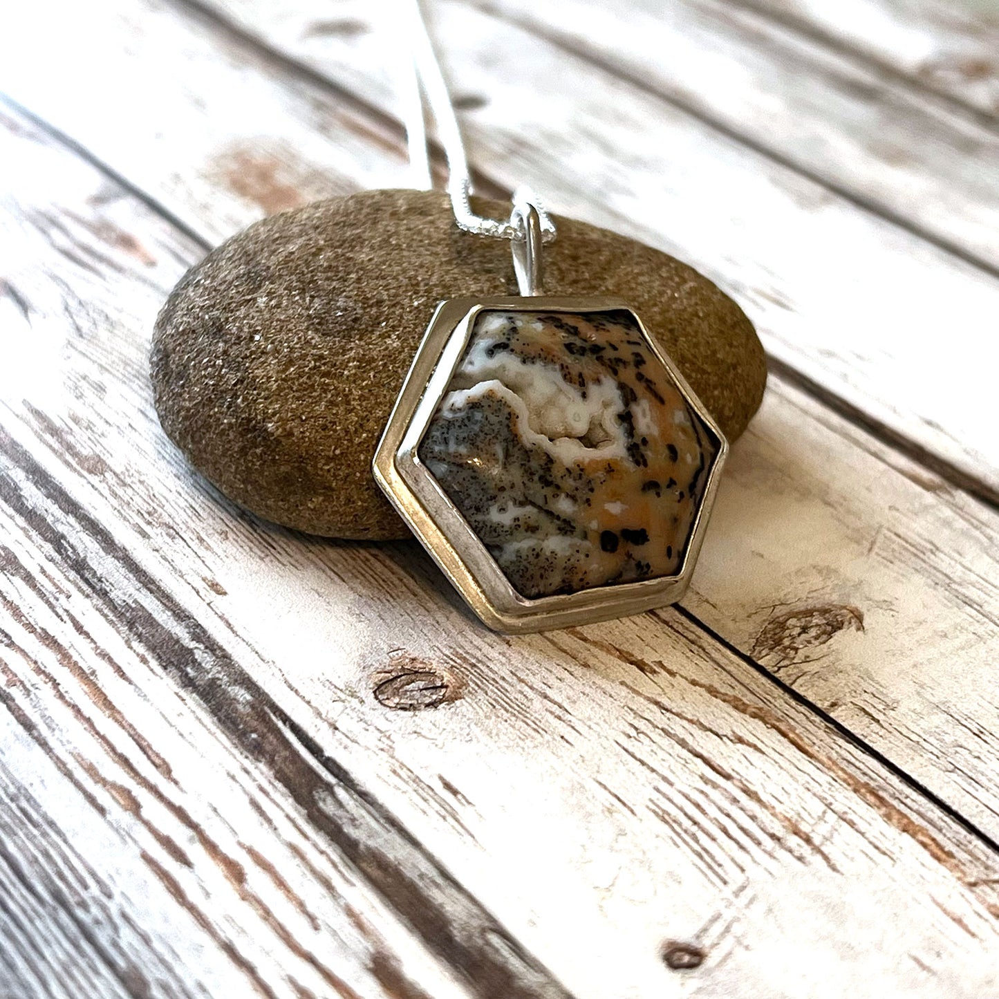 STERLING SILVER CHEETAH AGATE HEX NECKLACE - PROTECTIVE EMBRACE TALISMAN