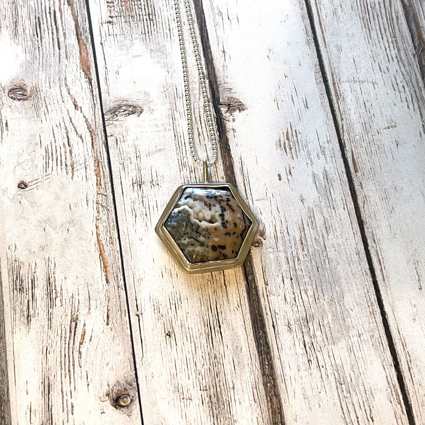 STERLING SILVER CHEETAH AGATE HEX NECKLACE - PROTECTIVE EMBRACE TALISMAN