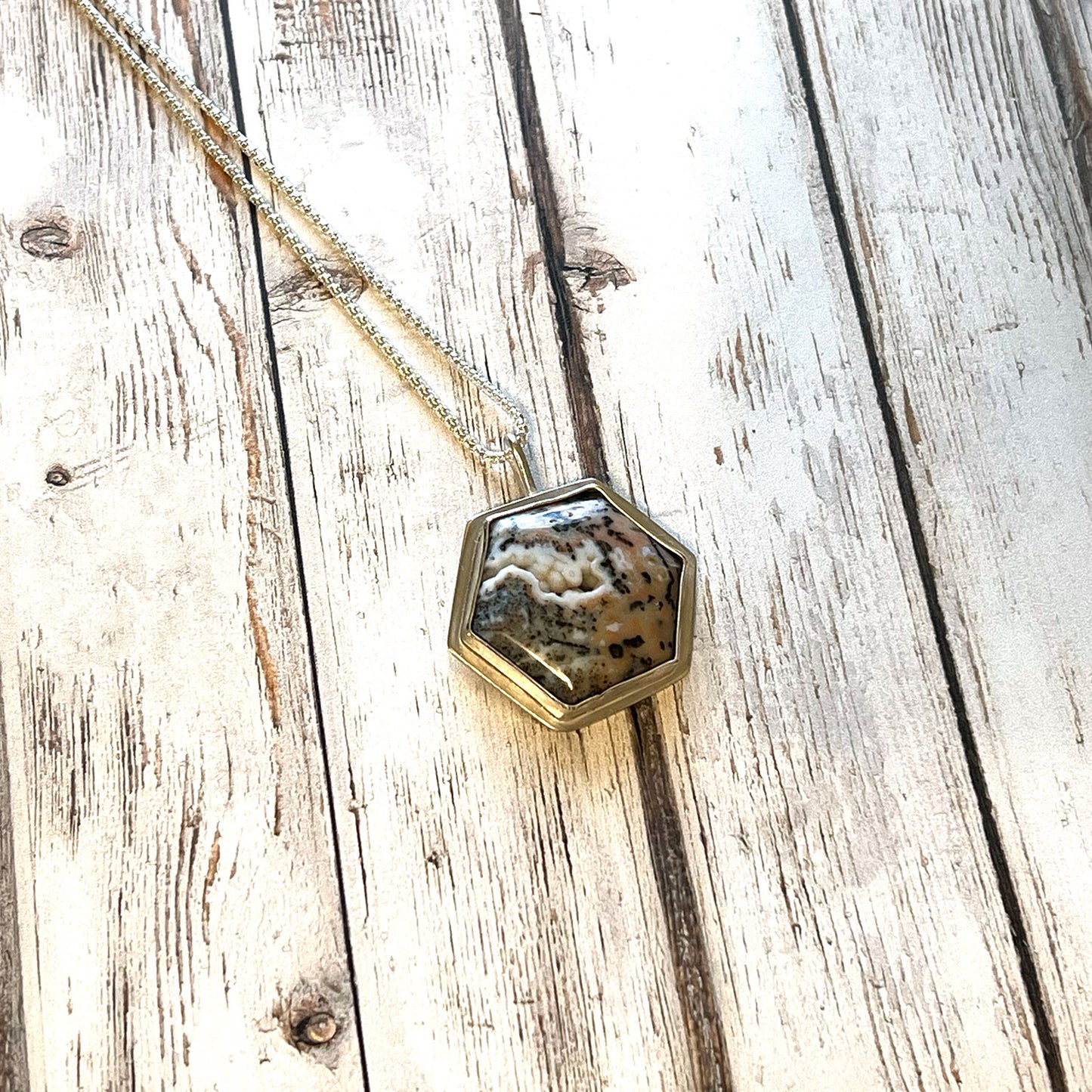 STERLING SILVER CHEETAH AGATE HEX NECKLACE - PROTECTIVE EMBRACE TALISMAN
