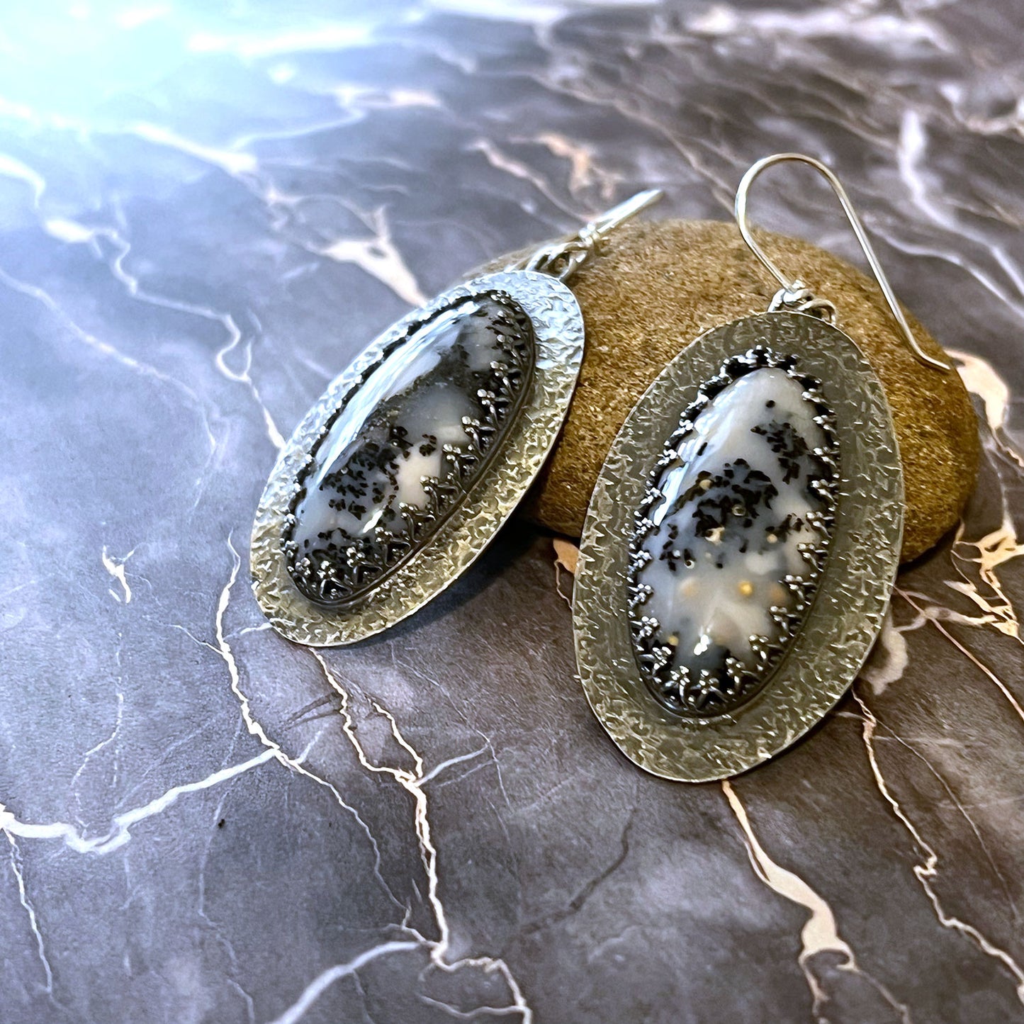 STERLING SILVER DENDRITIC AGATE EARRINGS - PROTECTIVE EMBRACE TALISMAN