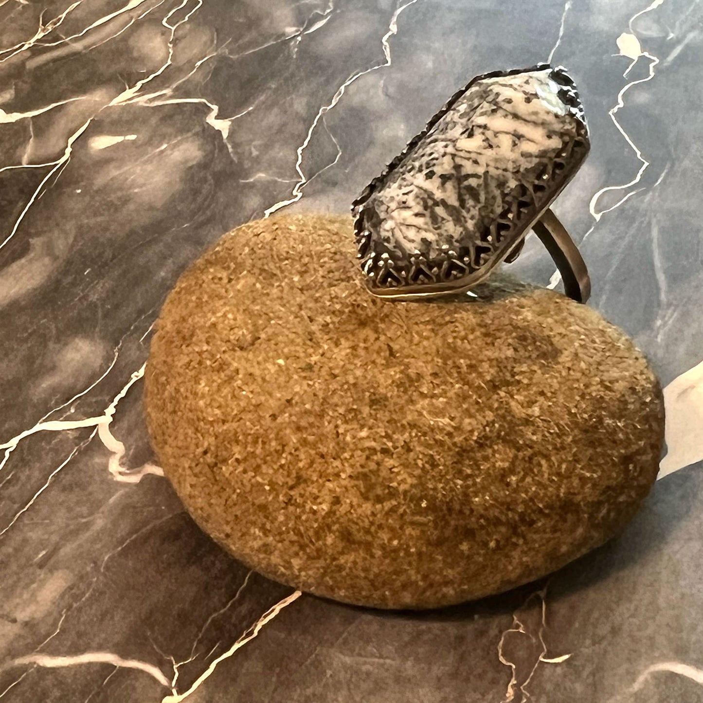 STERLING SILVER DENDRITIC OPAL HEX RING - TRANSFORMATION TALISMAN
