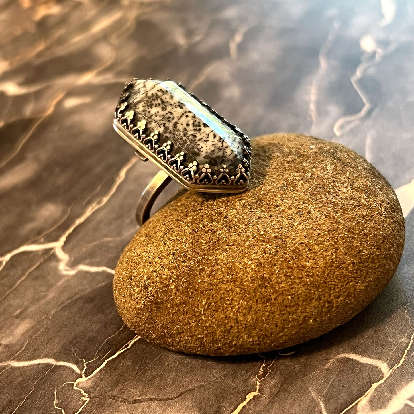 STERLING SILVER DENDRITIC OPAL HEX RING - TRANSFORMATION TALISMAN