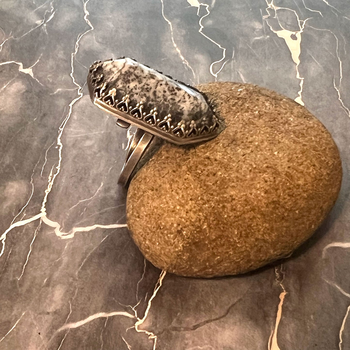 STERLING SILVER DENDRITIC OPAL HEX RING - TRANSFORMATION TALISMAN