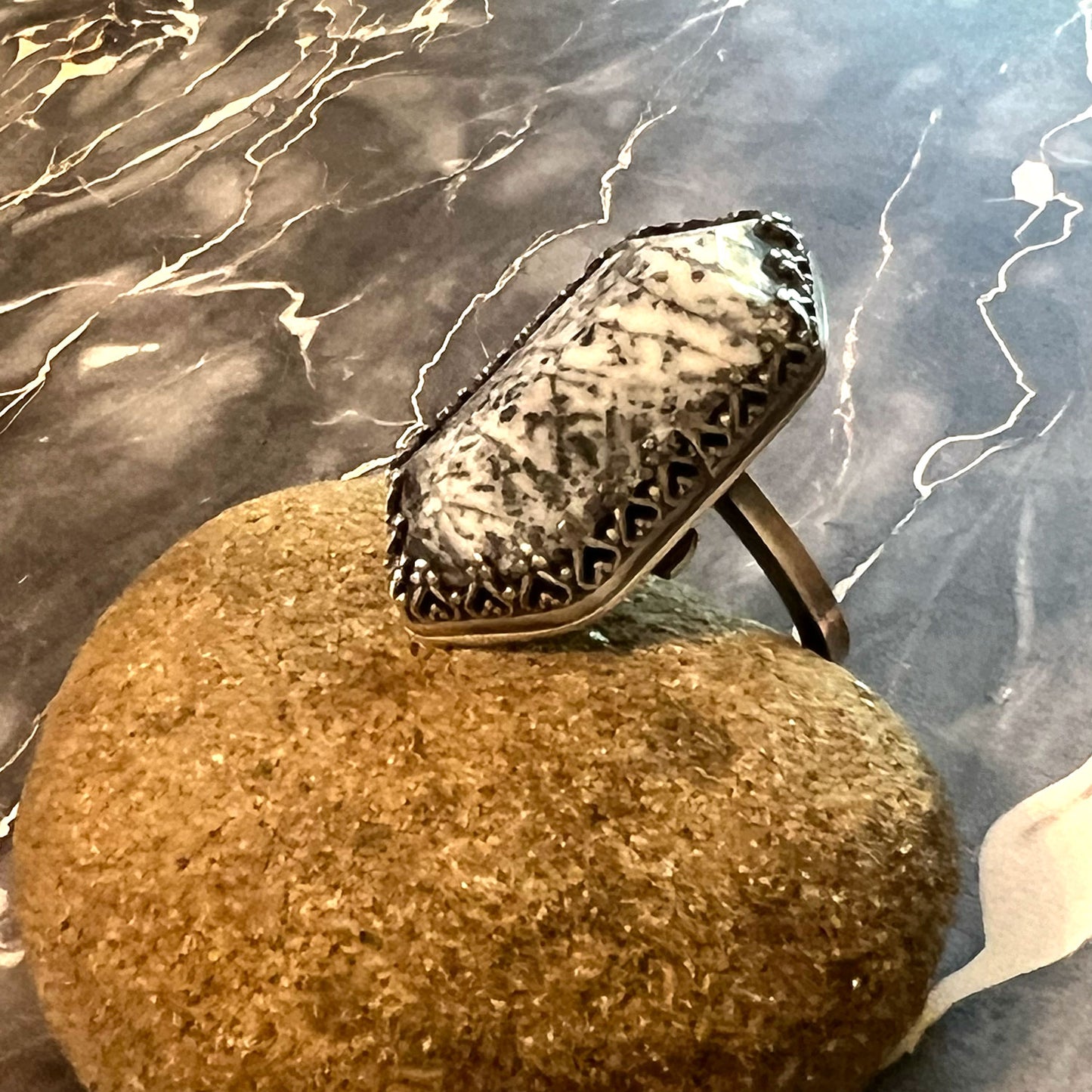 STERLING SILVER DENDRITIC OPAL HEX RING - TRANSFORMATION TALISMAN