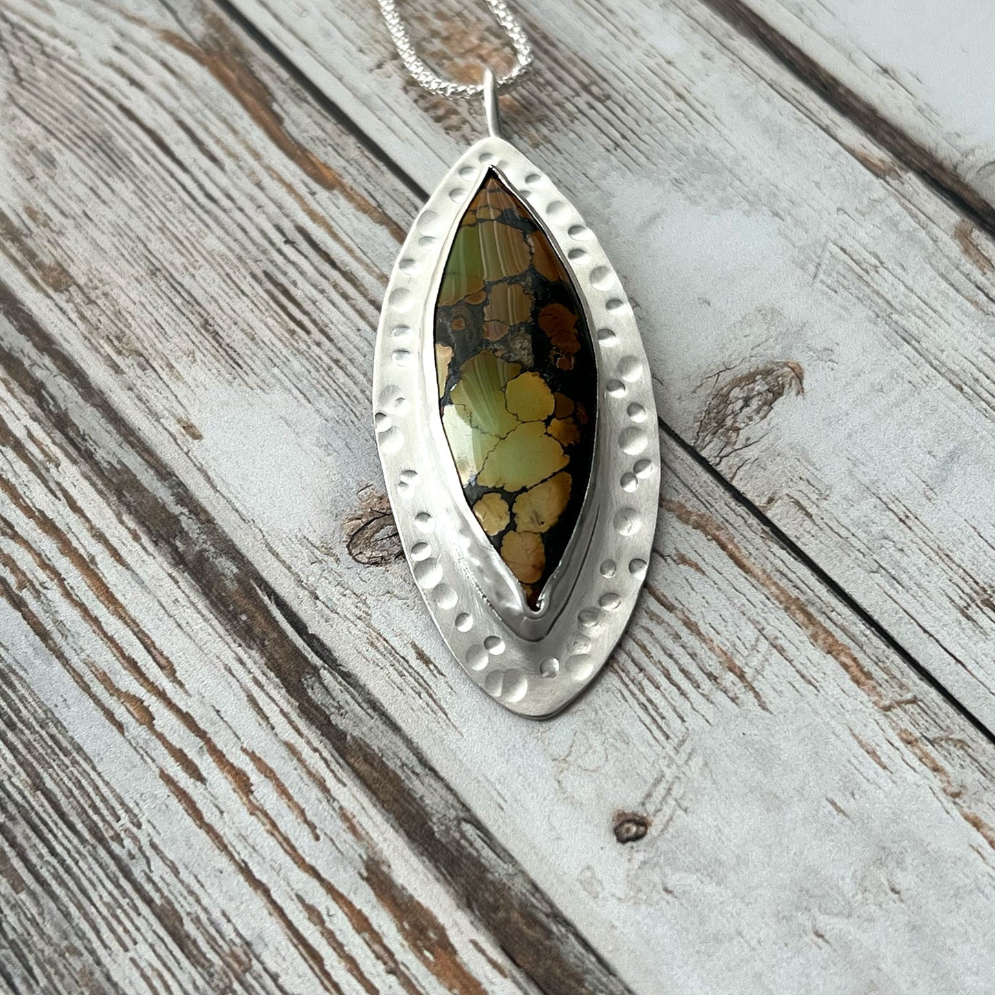 STERLING SILVER HARLEQUIN HUBEI TURQUOISE MARQUISE NECKLACE - HEAVEN AND EARTH TALISMAN