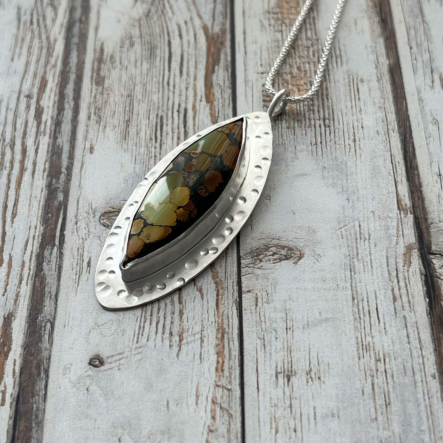STERLING SILVER HARLEQUIN HUBEI TURQUOISE MARQUISE NECKLACE - HEAVEN AND EARTH TALISMAN