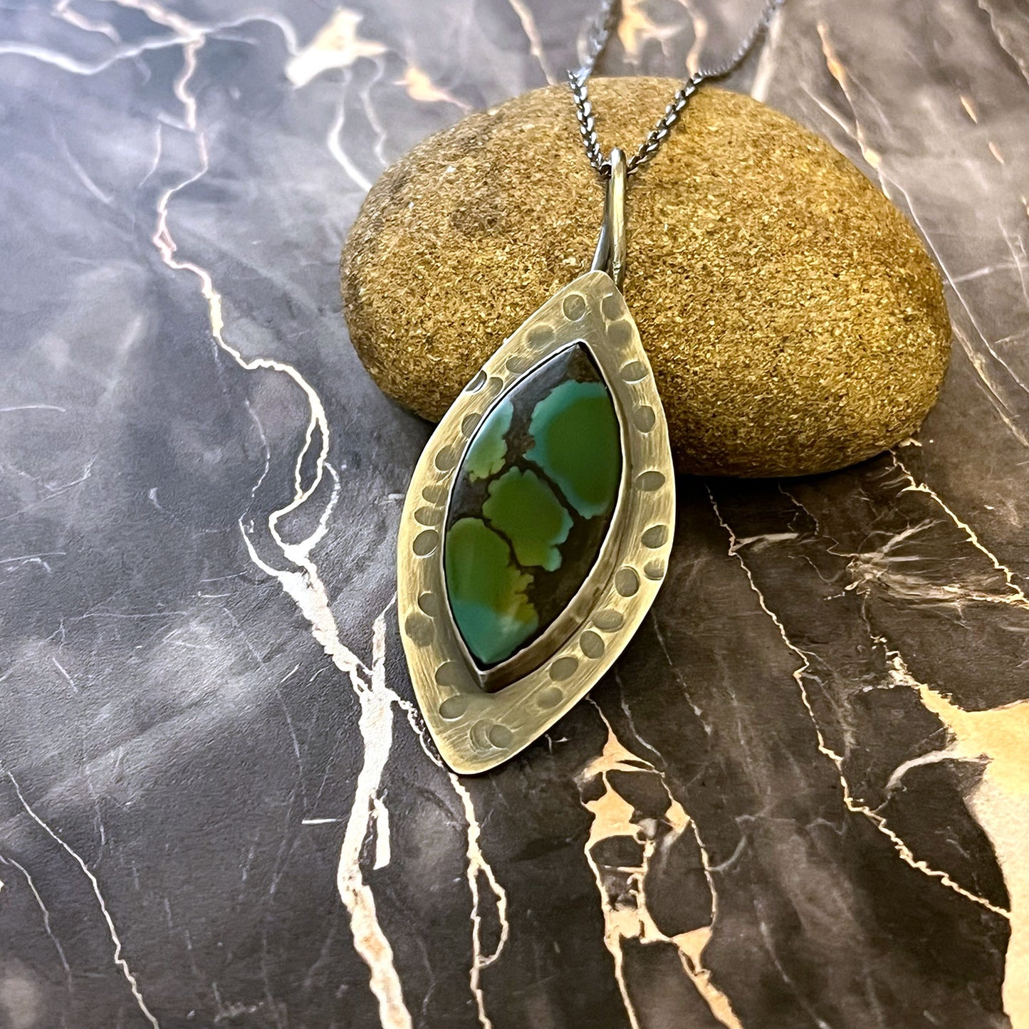 STERLING SILVER HUBEI TURQUOISE MARQUISE NECKLACE - HEAVEN AND EARTH TALISMAN