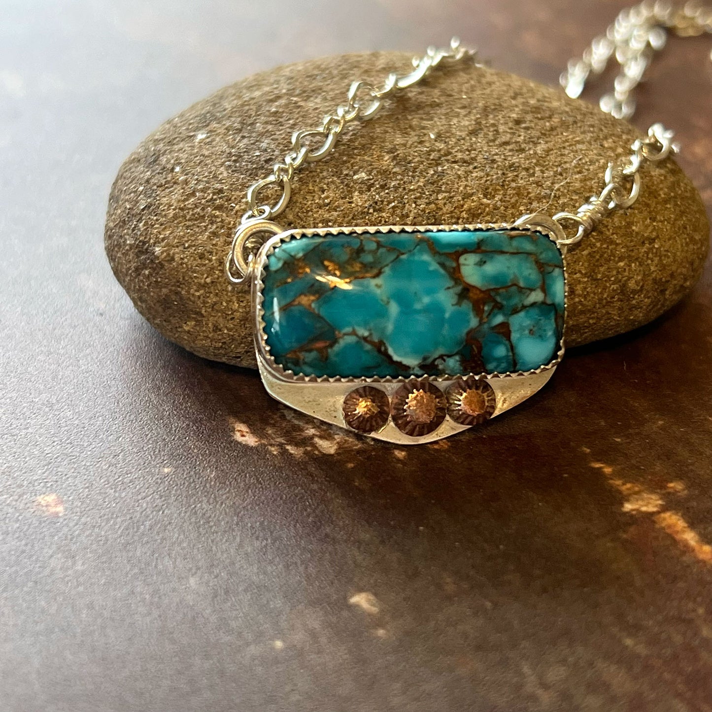 STERLING SILVER KINGMAN TURQUOISE NECKLACE - HEAVEN AND EARTH TALISMAN
