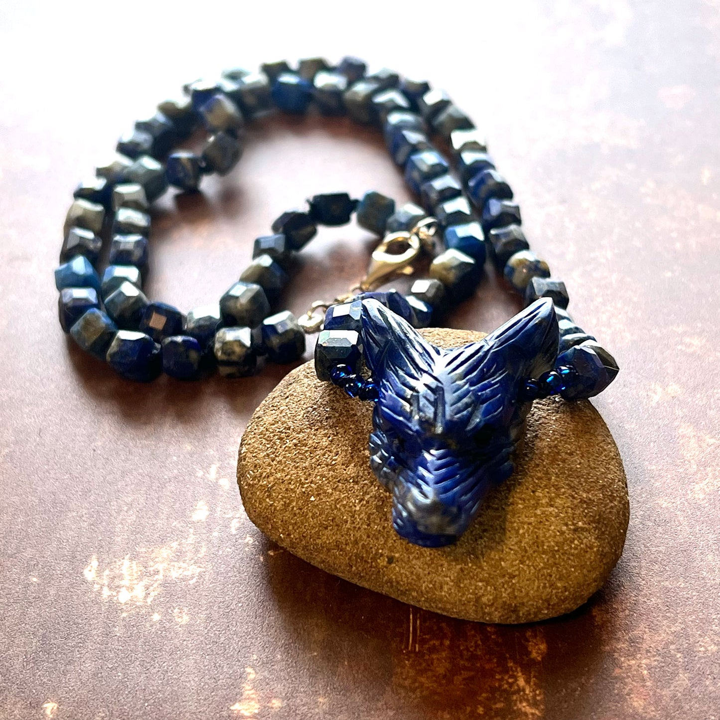 STERLING SILVER LAPIS LAZULI WOLF NECKLACE - SERENITY TALISMAN
