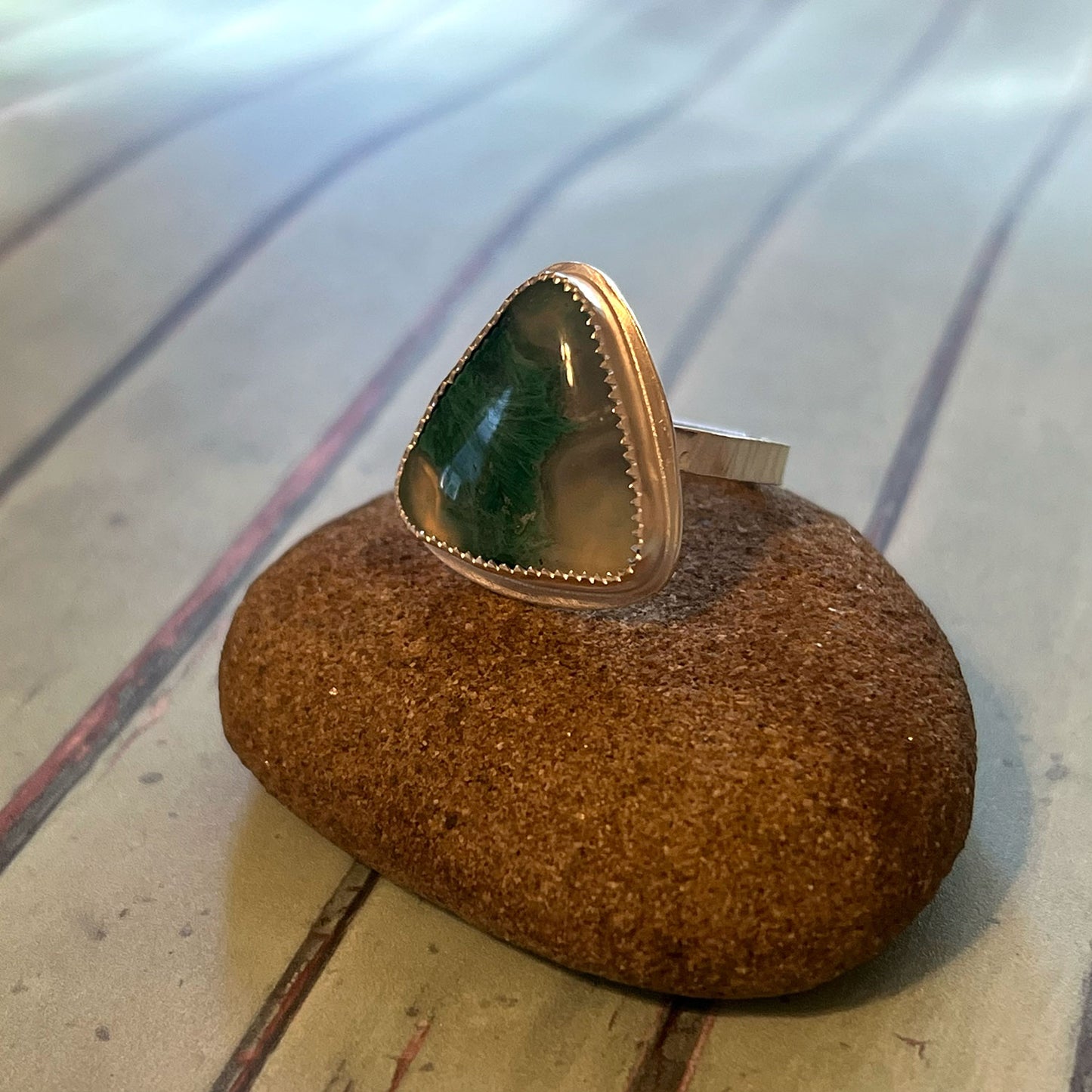 STERLING SILVER MOSS AGATE TRIANGLE RING - PROTECTIVE EMBRACE TALISMAN
