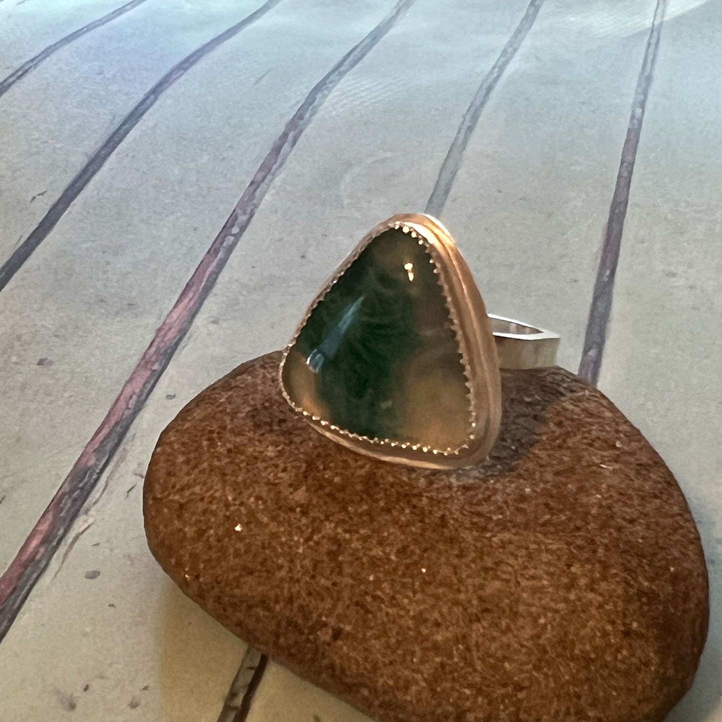 STERLING SILVER MOSS AGATE TRIANGLE RING - PROTECTIVE EMBRACE TALISMAN