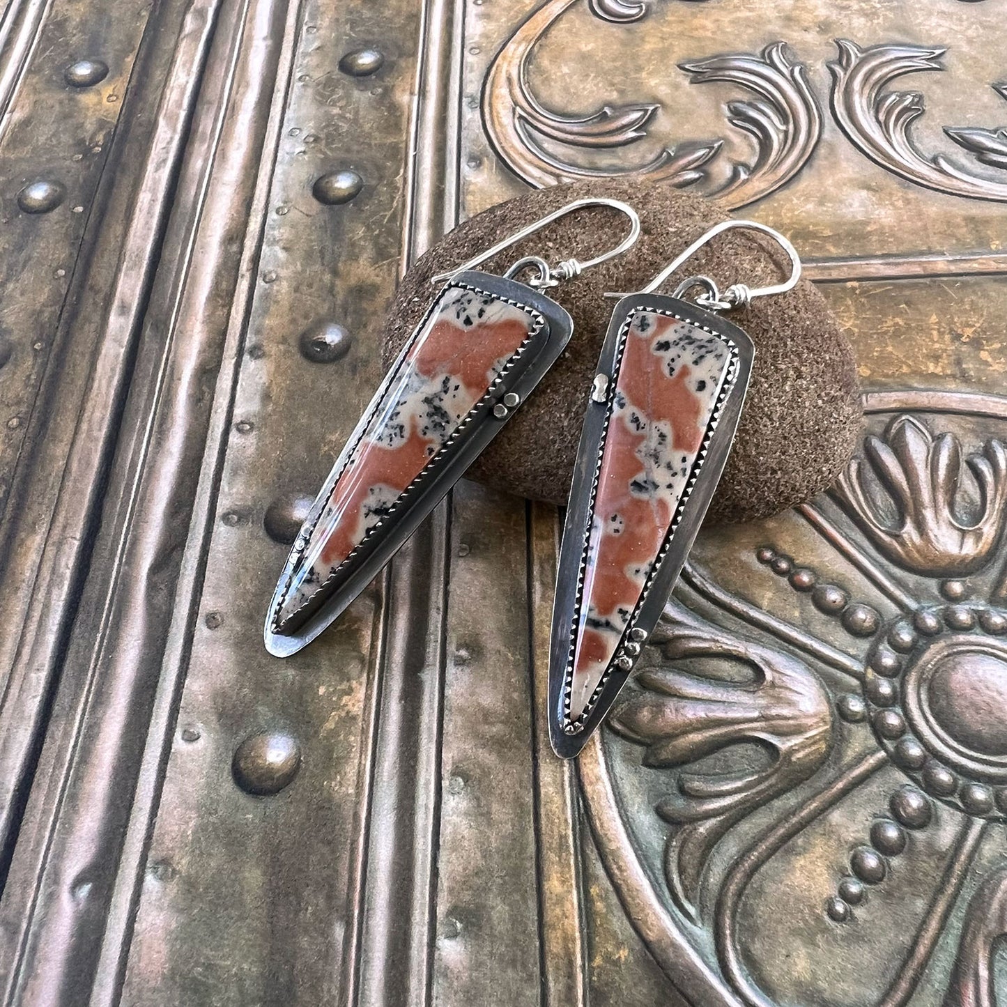 STERLING SILVER PEACH DENDRITIC AGATE EARRINGS - PROTECTIVE EMBRACE TALISMAN