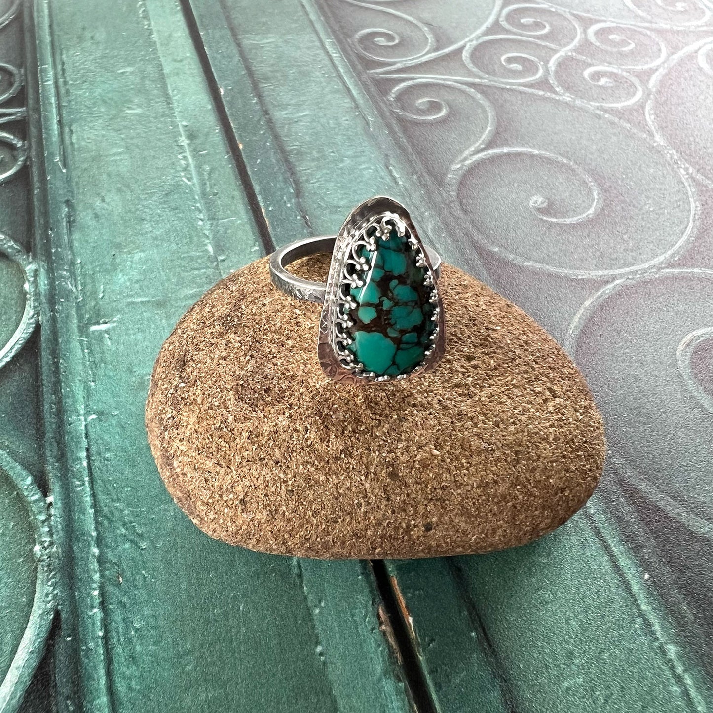 STERLING SILVER POLYCHROME QINGU TURQUOISE RING - HEAVEN AND EARTH TALISMAN