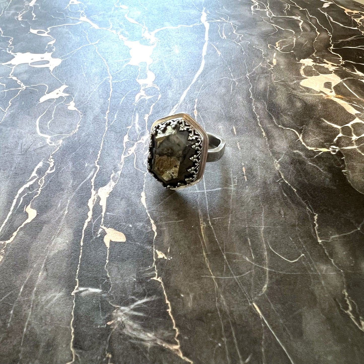 STERLING SILVER PYRITE IN QUART RING - WHAT LIES UNDERNEATH TALISMAN