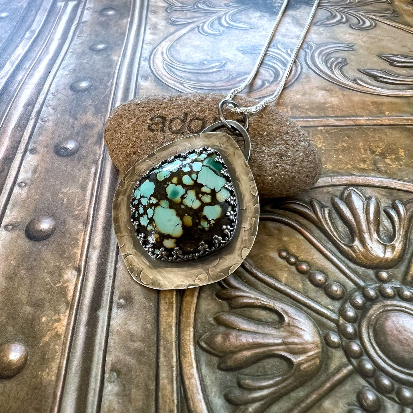 STERLING SILVER QINGU TURQUOISE TEARDROP NECKLACE - HEAVEN AND EARTH TALISMAN