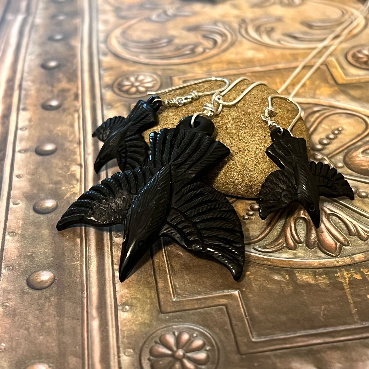 STERLING SILVER BONE RAVEN NECKLACE EARRINGS - ANCIENT TRUTH TALISMAN