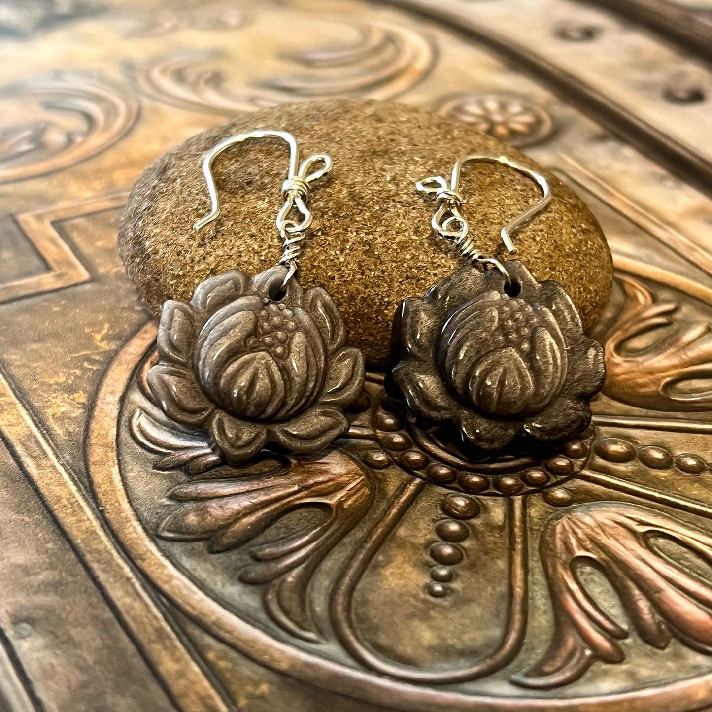 STERLING SILVER SHEEN OBSIDIAN LOTUS EARRINGS - LIGHT INTO DARKNESS TALISMAN