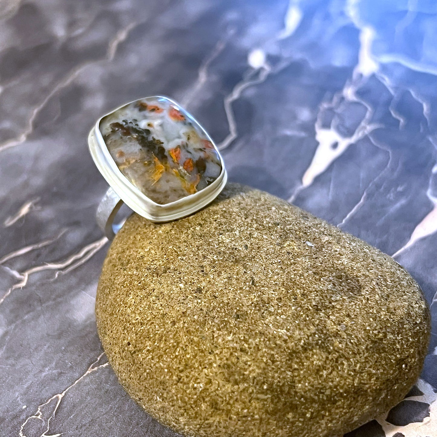 STERLING SILVER TEXAS PLUME AGATE RING - PROTECTIVE EMBRACE TALISMAN
