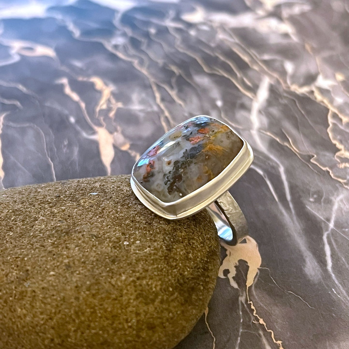STERLING SILVER TEXAS PLUME AGATE RING - PROTECTIVE EMBRACE TALISMAN