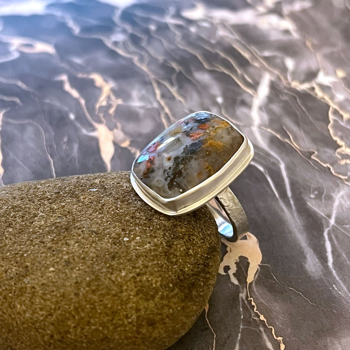 STERLING SILVER TEXAS PLUME AGATE RING - PROTECTIVE EMBRACE TALISMAN