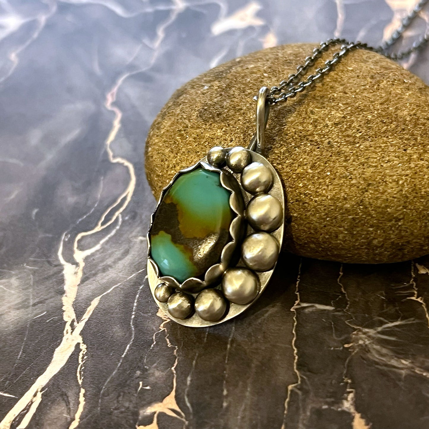 STERLING SILVER BAO CANYON TURQUOISE OVAL NECKLACE - HEAVEN AND EARTH TALISMAN