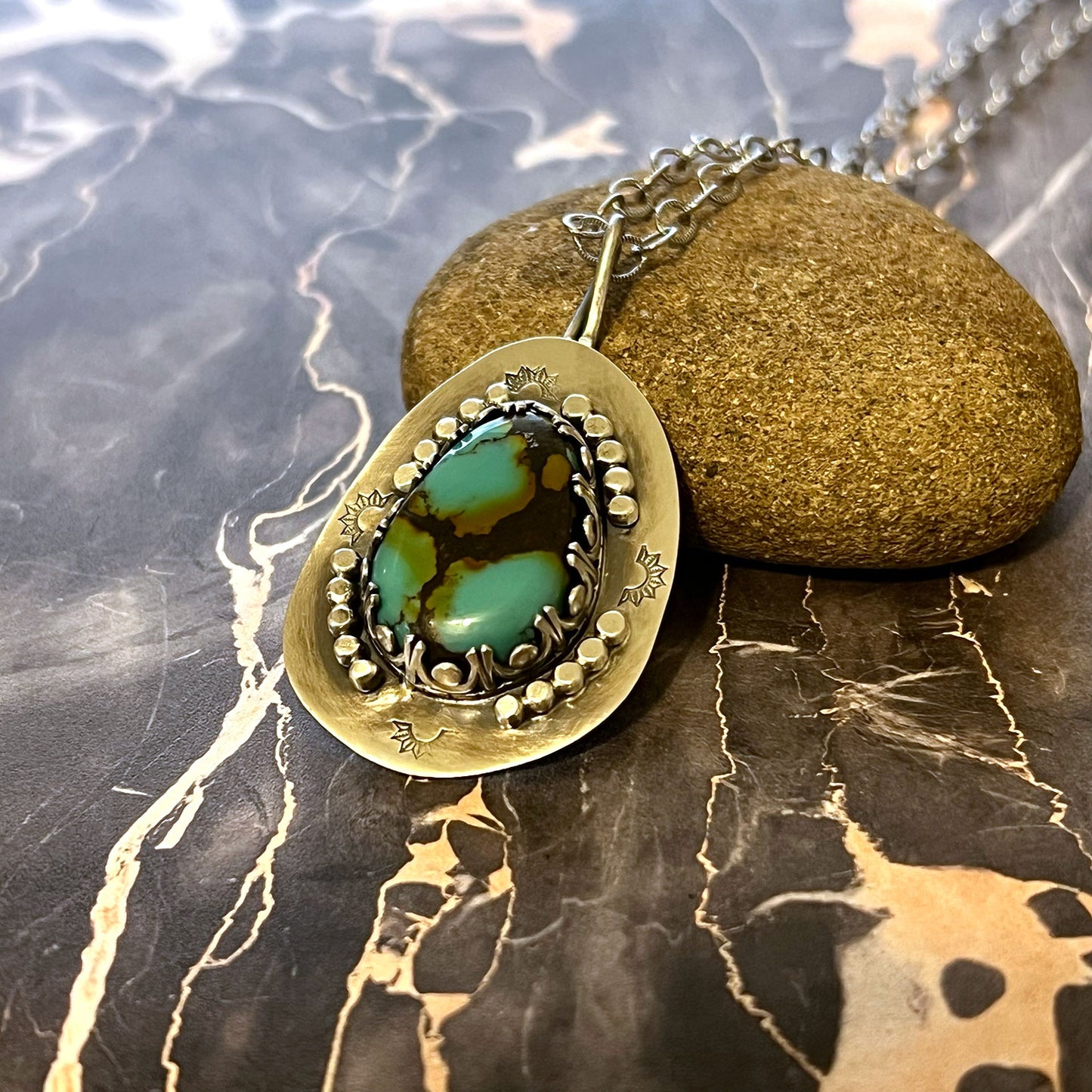 STERLING SILVER BAO CANYON TURQUOISE TEARDROP NECKLACE - HEAVEN AND EARTH TALISMAN