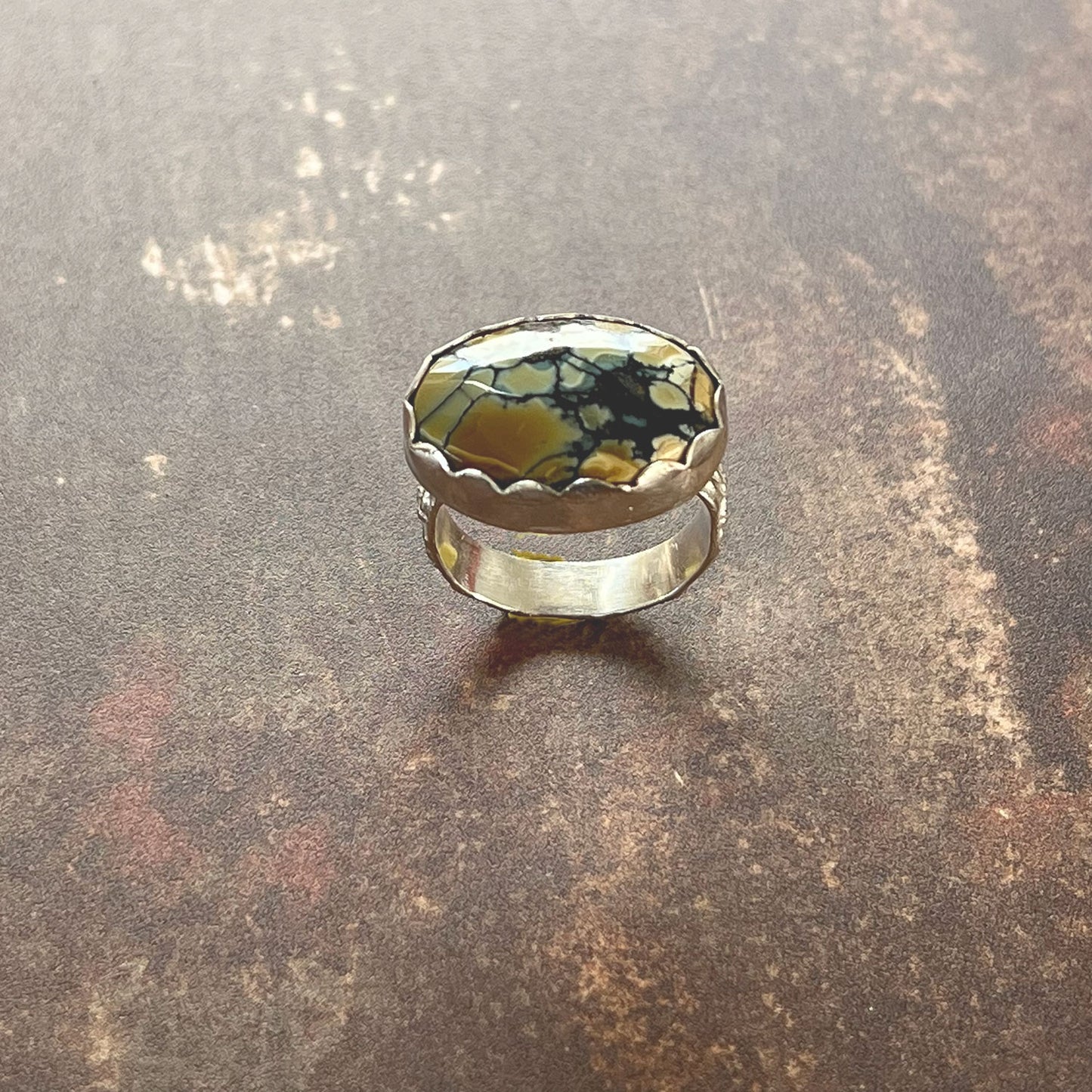 STERLING SILVER POLYCHROME WHITE RIVER RING - MOTHER EARTH TALISMAN