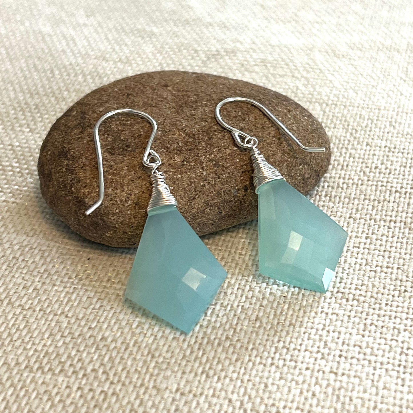 STERLING SILVER AQUA CHALCEDONY KITE EARRINGS - GOOD WILL TALISMAN