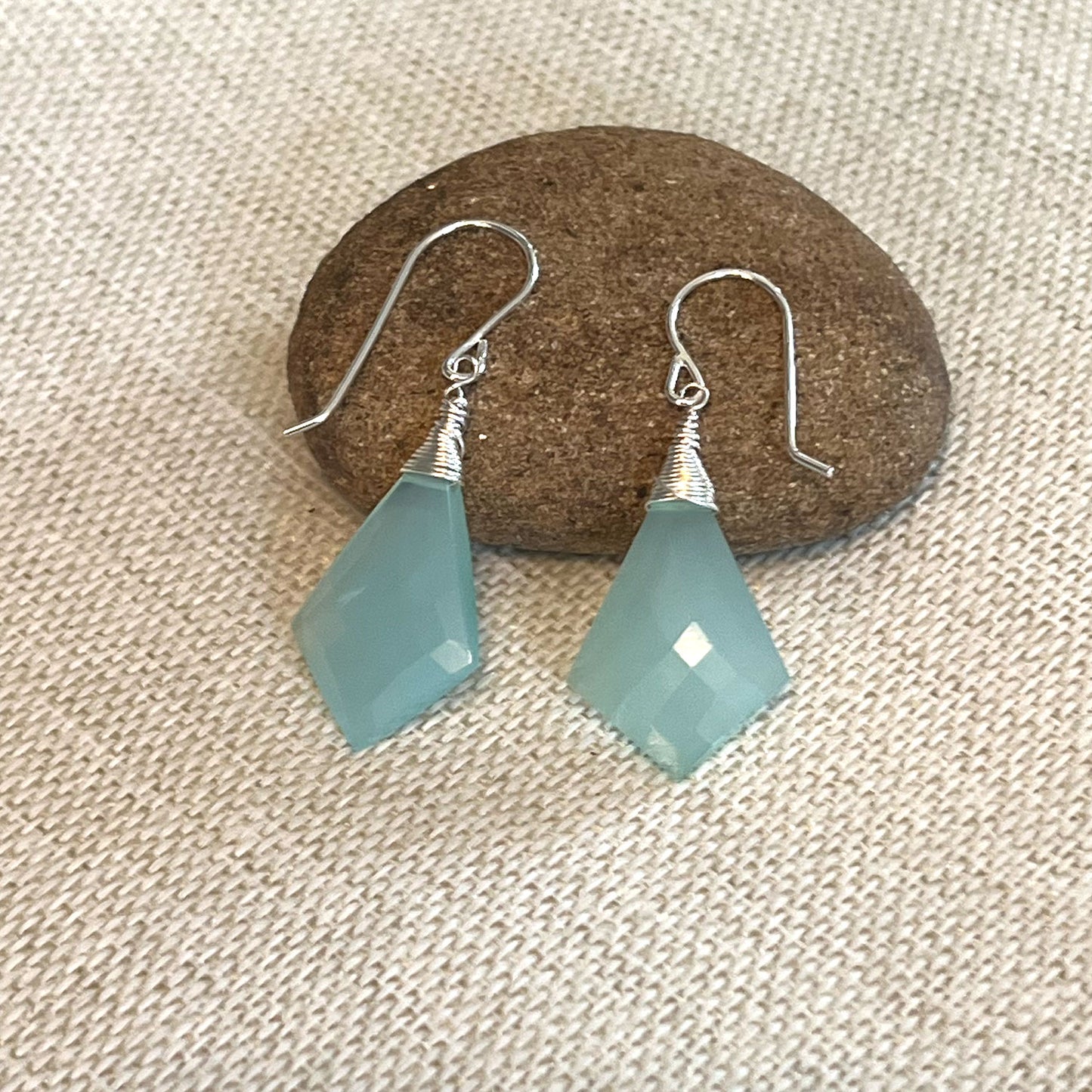 STERLING SILVER AQUA CHALCEDONY KITE EARRINGS - GOOD WILL TALISMAN