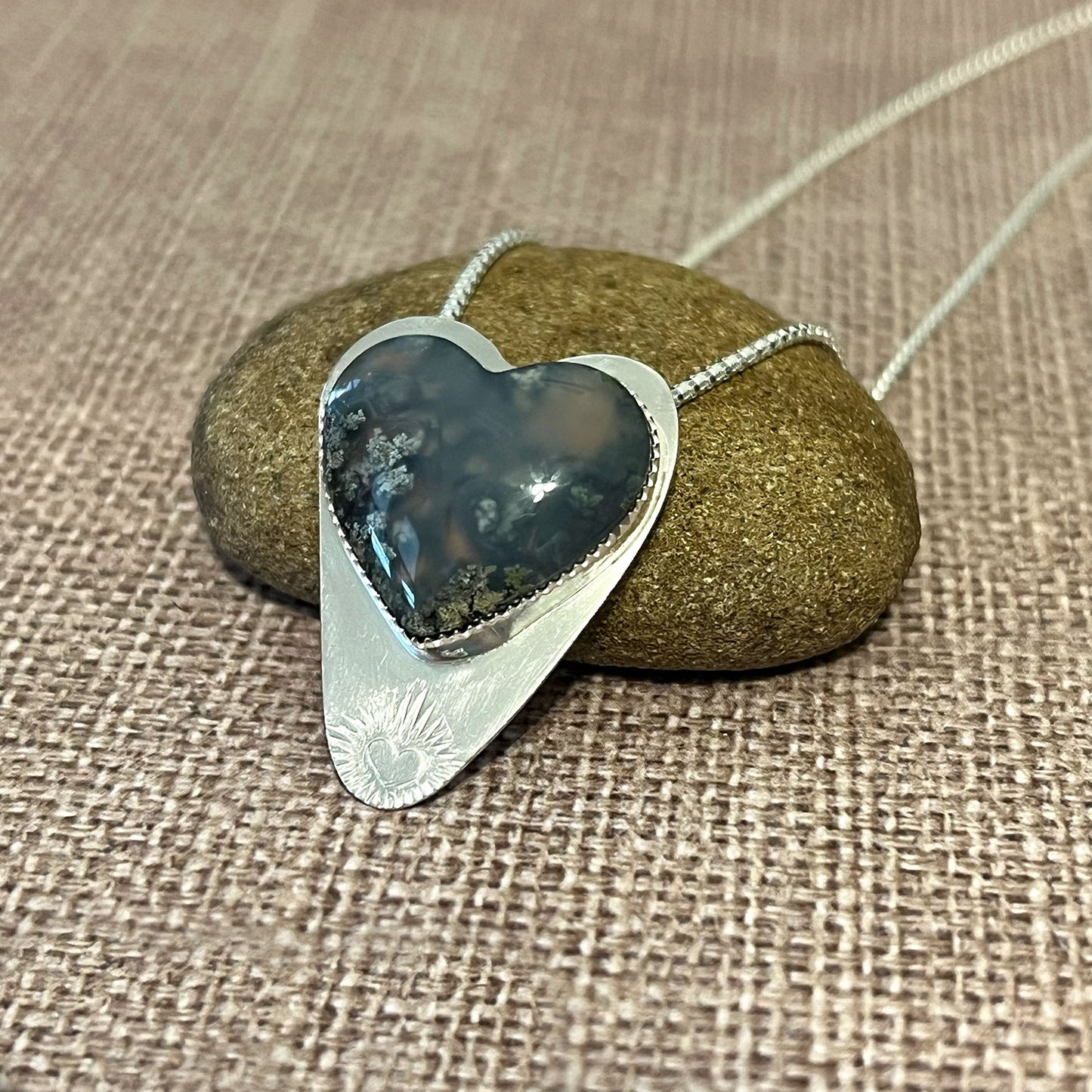 STERLING SILVER BLUE MOSS AGATE HEART NECKLACE - PROTECTIVE EMBRACE TALISMAN