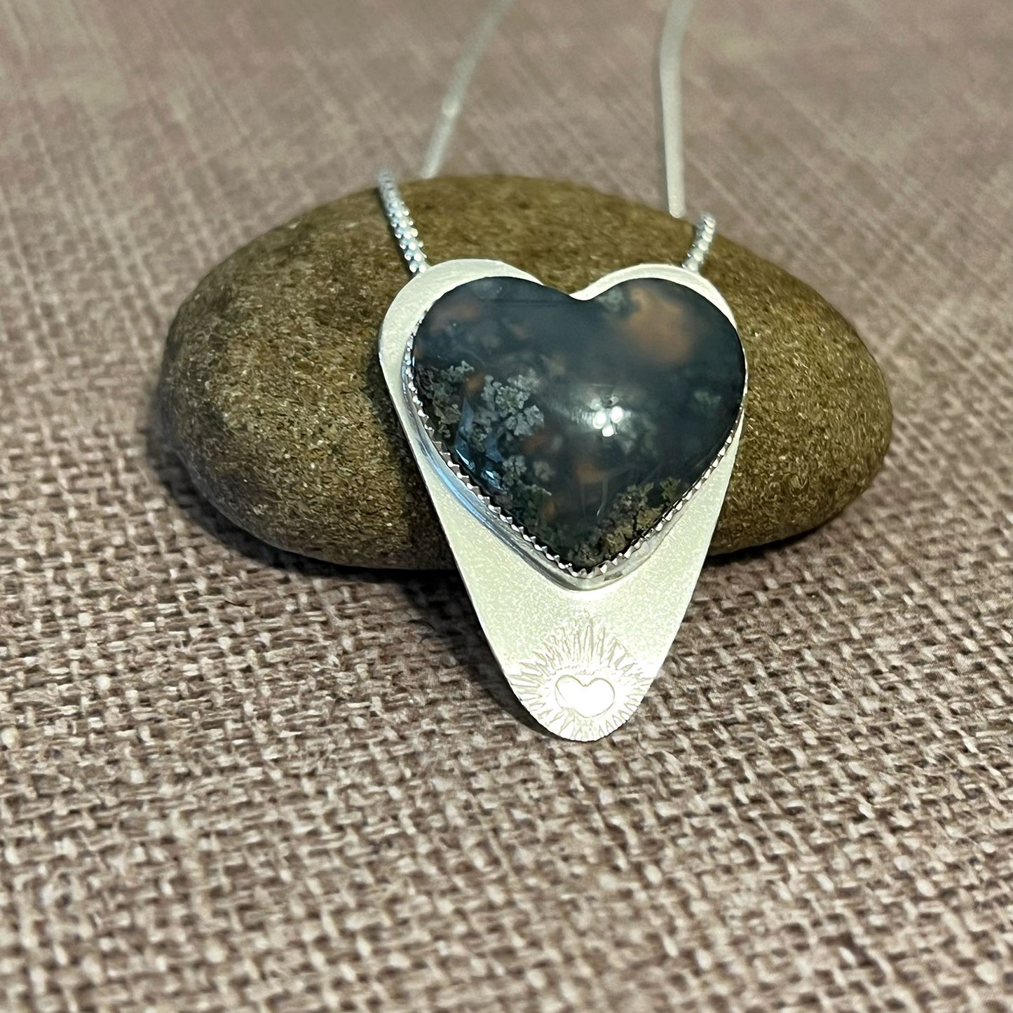 STERLING SILVER BLUE MOSS AGATE HEART NECKLACE - PROTECTIVE EMBRACE TALISMAN
