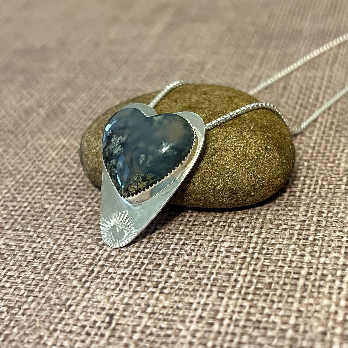 STERLING SILVER BLUE MOSS AGATE HEART NECKLACE - PROTECTIVE EMBRACE TALISMAN