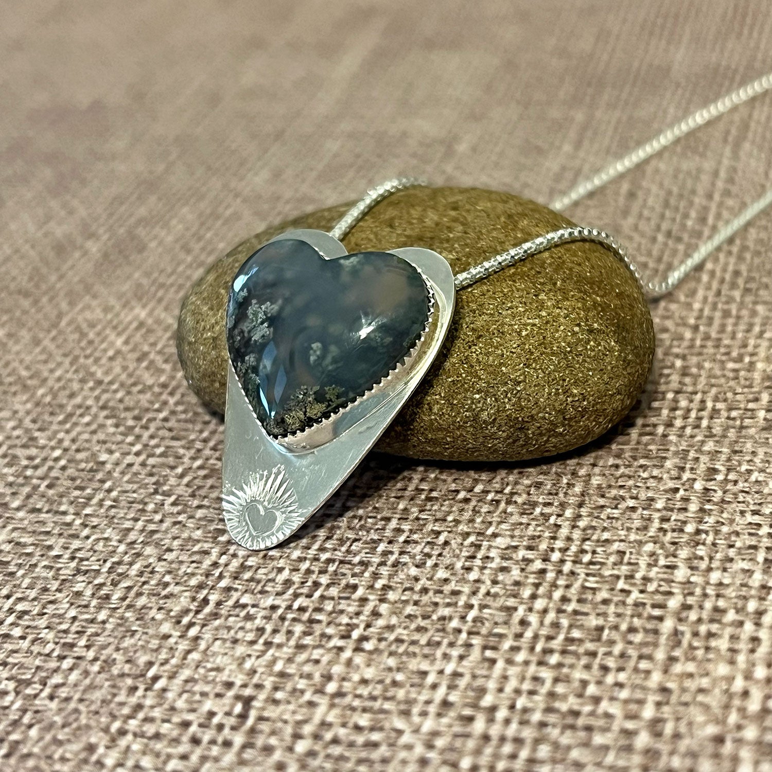 STERLING SILVER BLUE MOSS AGATE HEART NECKLACE - PROTECTIVE EMBRACE TALISMAN