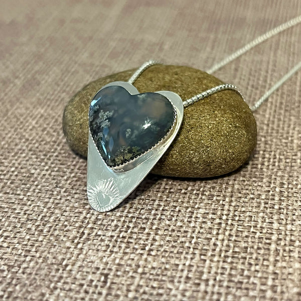 STERLING SILVER BLUE MOSS AGATE HEART NECKLACE - PROTECTIVE EMBRACE TALISMAN