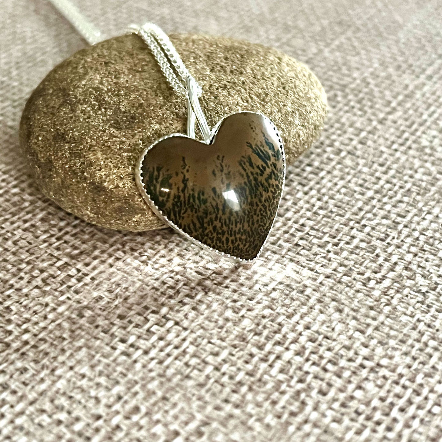 STERLING SILVER DENDRITIC JASPER HEART NECKLACE - MOTHER EARTH TALISMAN