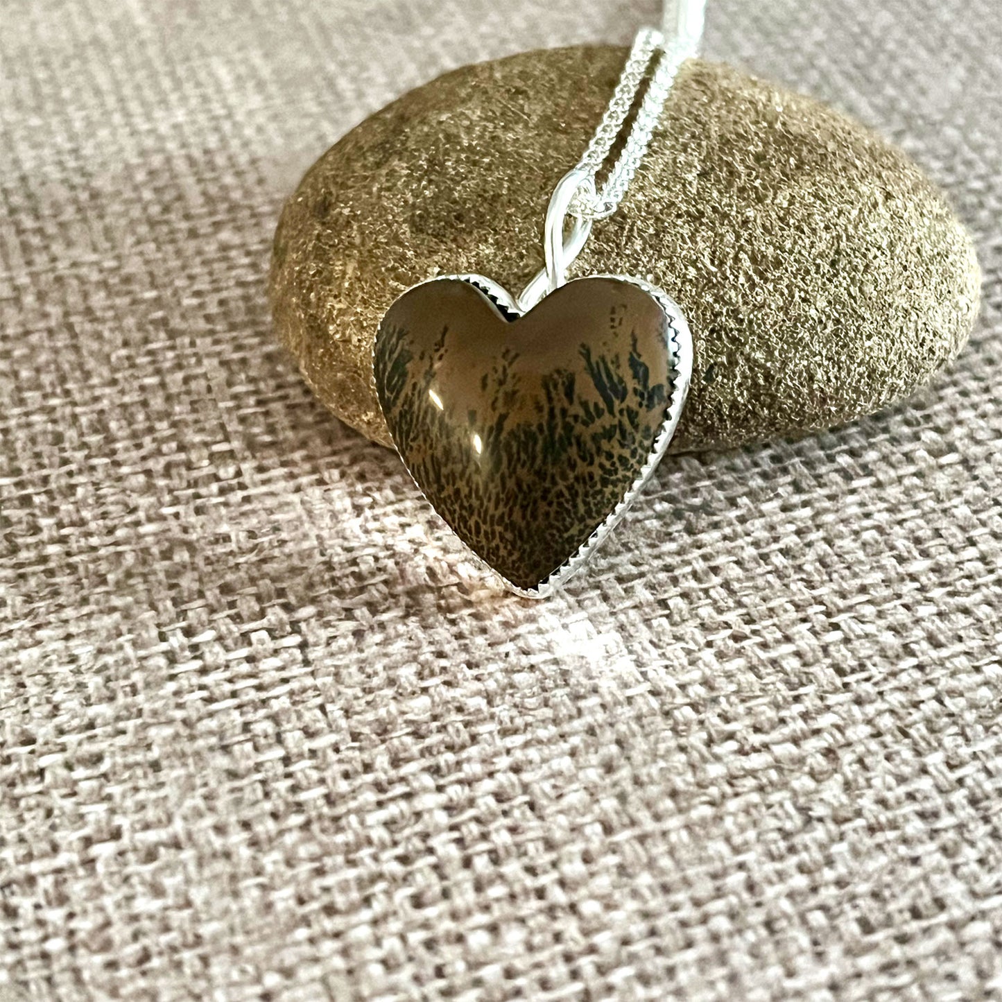 STERLING SILVER DENDRITIC JASPER HEART NECKLACE - MOTHER EARTH TALISMAN