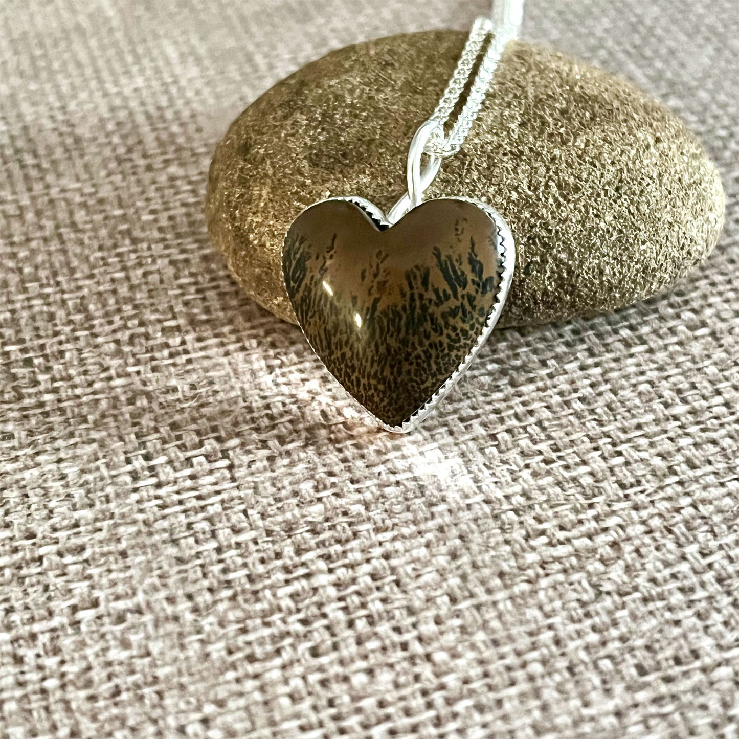 STERLING SILVER DENDRITIC JASPER HEART NECKLACE - MOTHER EARTH TALISMAN