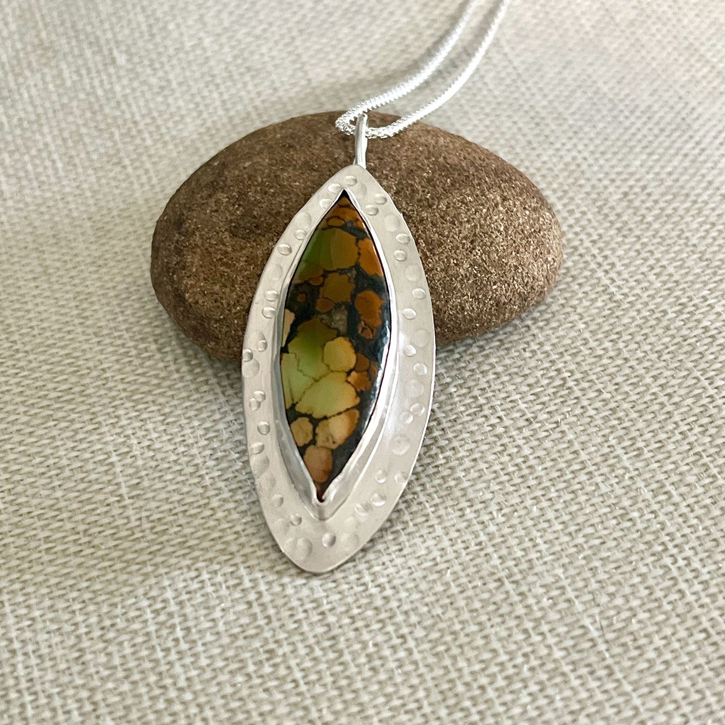 STERLING SILVER HARLEQUIN HUBEI TURQUOISE MARQUISE NECKLACE - HEAVEN AND EARTH TALISMAN
