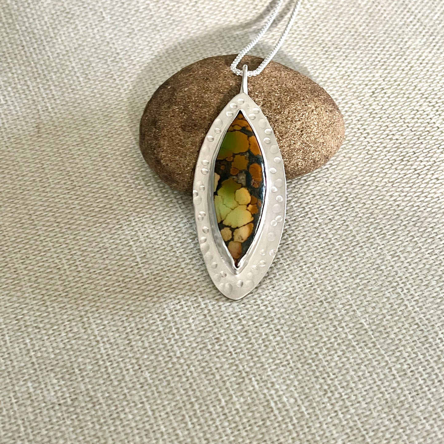STERLING SILVER HARLEQUIN HUBEI TURQUOISE MARQUISE NECKLACE - HEAVEN AND EARTH TALISMAN