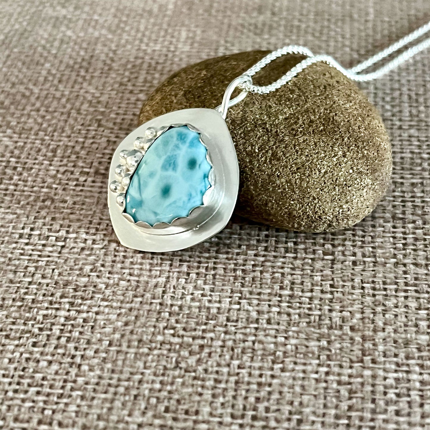 STERLING SILVER LARIMAR NECKLACE - A BALANCE OF FIRE AND WATER TALISMAN