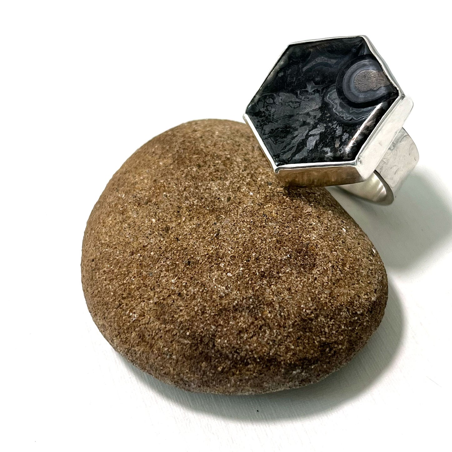STERLING SILVER PSILOMELANE HEXAGON RING - BALANCING DUALITIES TALISMAN