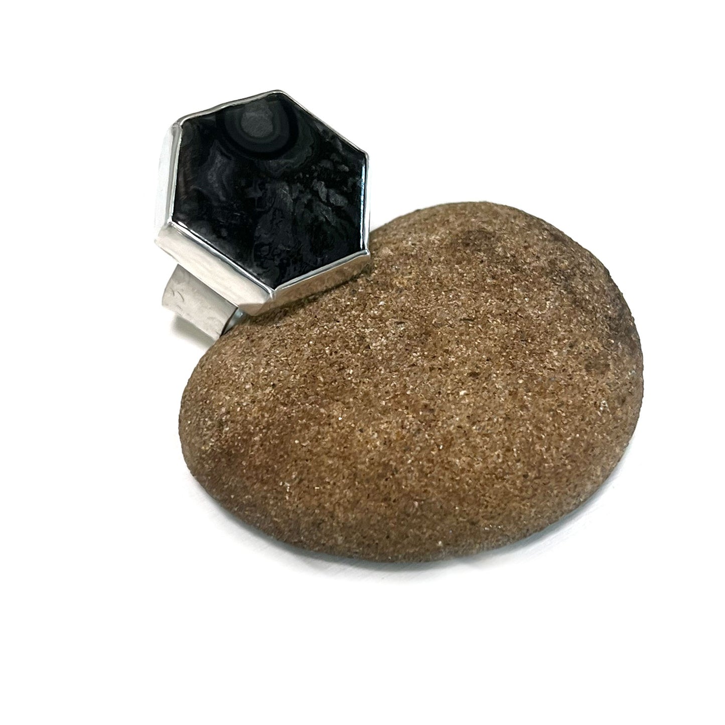 STERLING SILVER PSILOMELANE HEXAGON RING - BALANCING DUALITIES TALISMAN