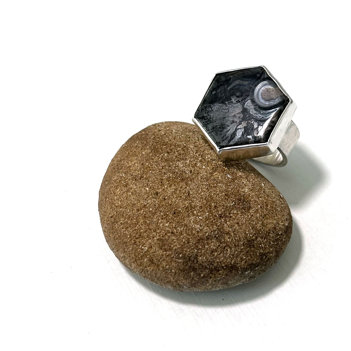 STERLING SILVER PSILOMELANE HEXAGON RING - BALANCING DUALITIES TALISMAN