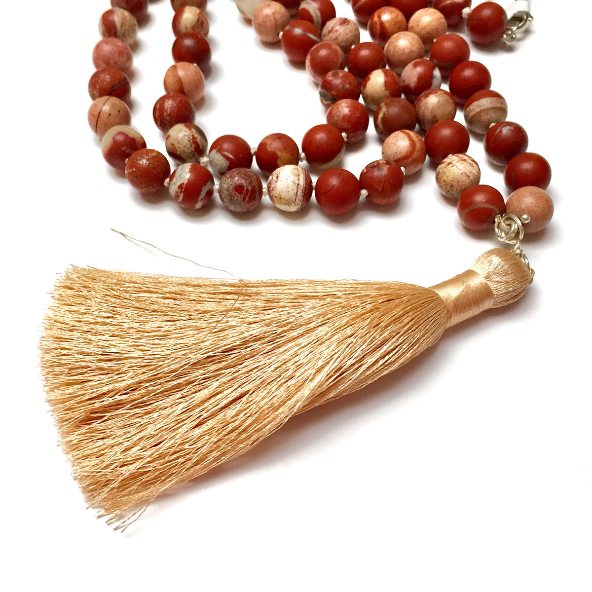 STERLING SILVER SILK KNOTTED RED LACE JASPER NECKLACE - MOTHER EARTH TALISMAN